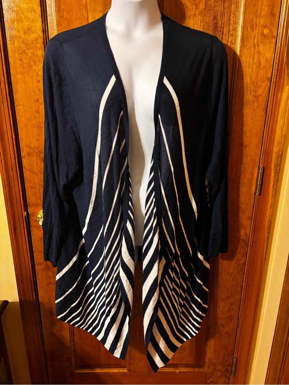 Catherines Navy and Cream Striped Open-Front Cardigan